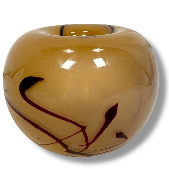 Vintage Hand Blown Glass Bowl Vase 3.5" Swirl Design Brown Art Glass J Mariott - Picture 1 of 9